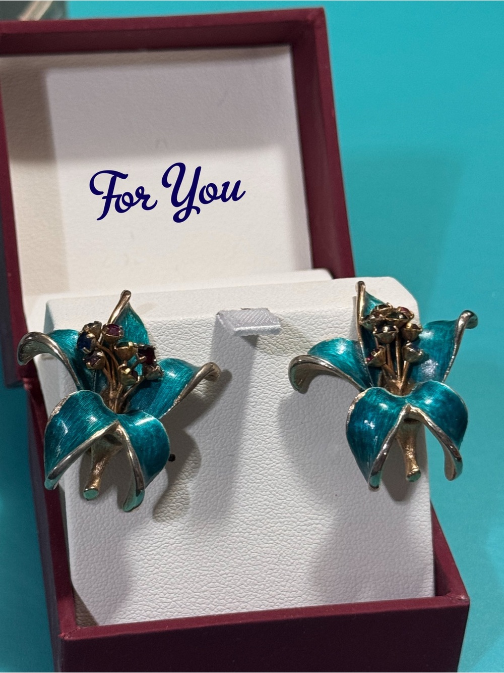 Flower Clip-On Earrings in Bright Blue Enamel With Gold-Tone Stamens/Dark Stones